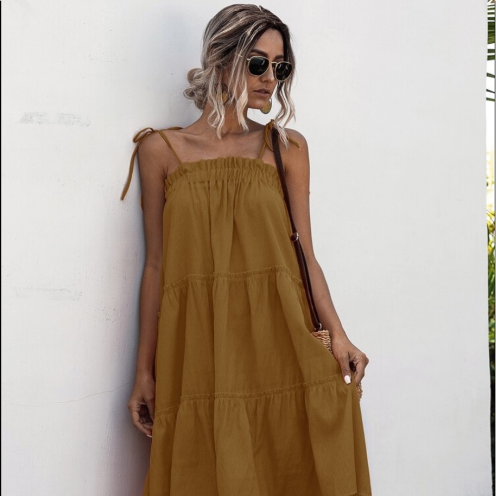 New Tie Shoulder Solid Tiered Cami Dress